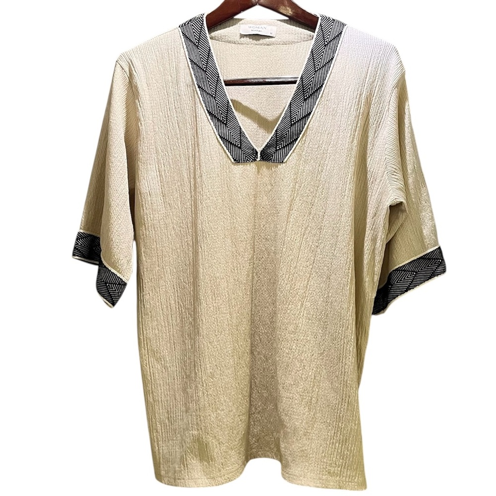 El Corte Inglés Woman Beige Textured Top M V-Neck Black‎ Trim Tunic Blouse